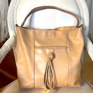 Lucky Brand Carmen Hobo Handbag Brandy Brown Leather Top Zip Tassel Boho Purse